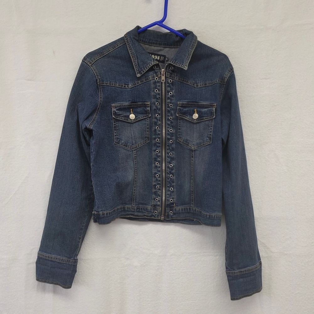 AC-3998 Womens Dark Wash Full Zip Grommet Denim Jacket Blue XXL‎ Cropped Y2K